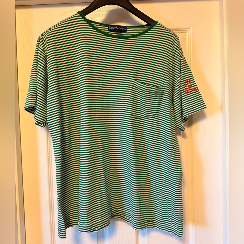 Vintage 90’s Ralph Lauren 100% Cotton Striped Tee - Green and White - Size Large